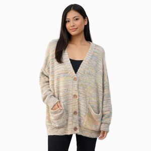 Chelsea & Violet Cardigan Sweater Womens XL Multicolor V Neck Fuzzy Knit Pockets